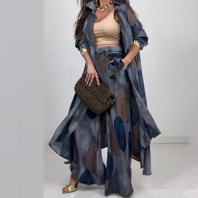 Dawn | Modisches 2-teiliges Set mit Druck: Langarm-Bluse und Weitbeinhose